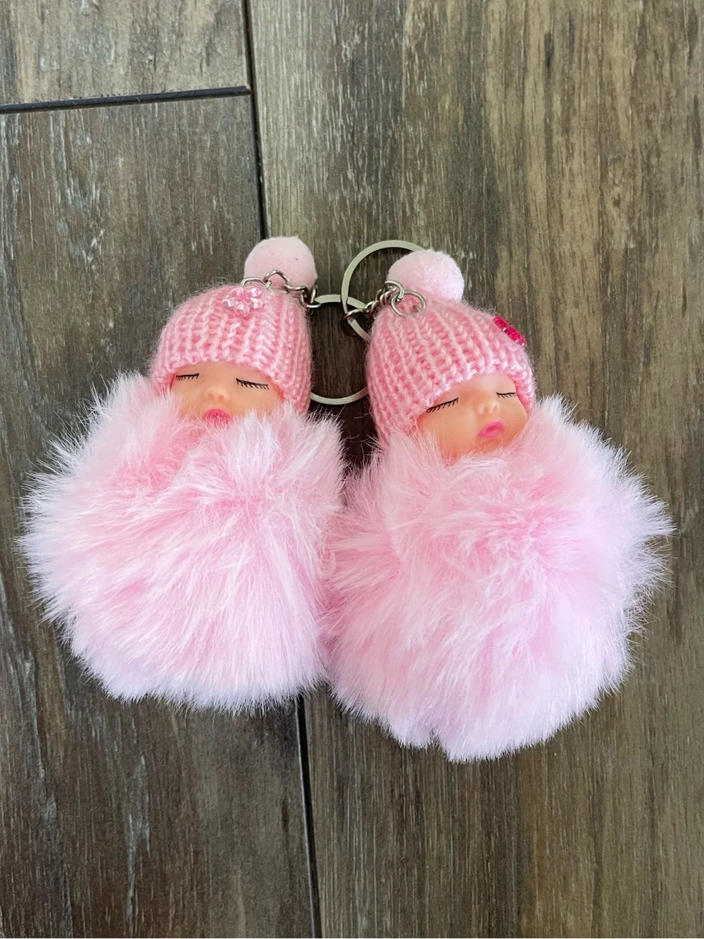 Pink Baby Doll Pom-Pom Keychain - Cute Plush Accessory